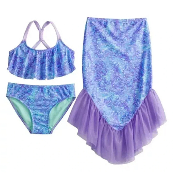 New 3 piece mermaid swim set top bottom tail girls 16 SO swimsuit xl new bikini - Picture 1 of 11